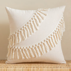 Beige White Tassel Boho Macrame Pillow Cover