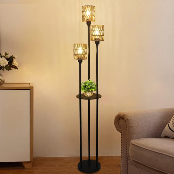 Boho Three-Light Rattan Shelf Floor Lamp