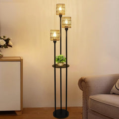 Boho Three-Light Rattan Shelf Floor Lamp