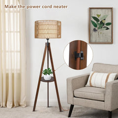 Boho Tripod Wood Rattan Shelf Floor Lamp