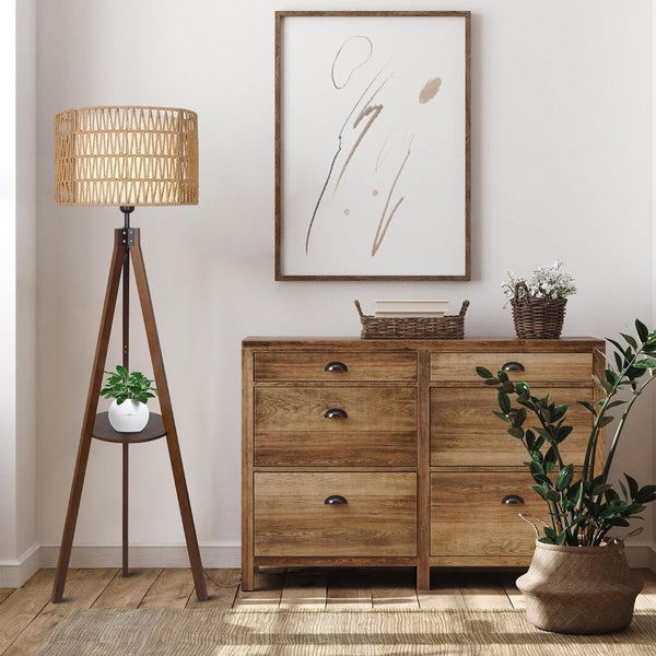 Boho Tripod Wood Rattan Shelf Floor Lamp
