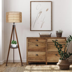 Boho Tripod Wood Rattan Shelf Floor Lamp