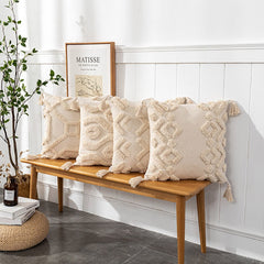 Beige White Tassel Boho Macrame Pillow Cover