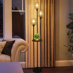Boho Three-Light Rattan Shelf Floor Lamp