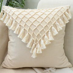 Beige White Tassel Boho Macrame Pillow Cover