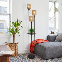 Boho Three-Light Rattan Shelf Floor Lamp
