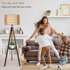 Boho Tripod Wood Rattan Shelf Floor Lamp