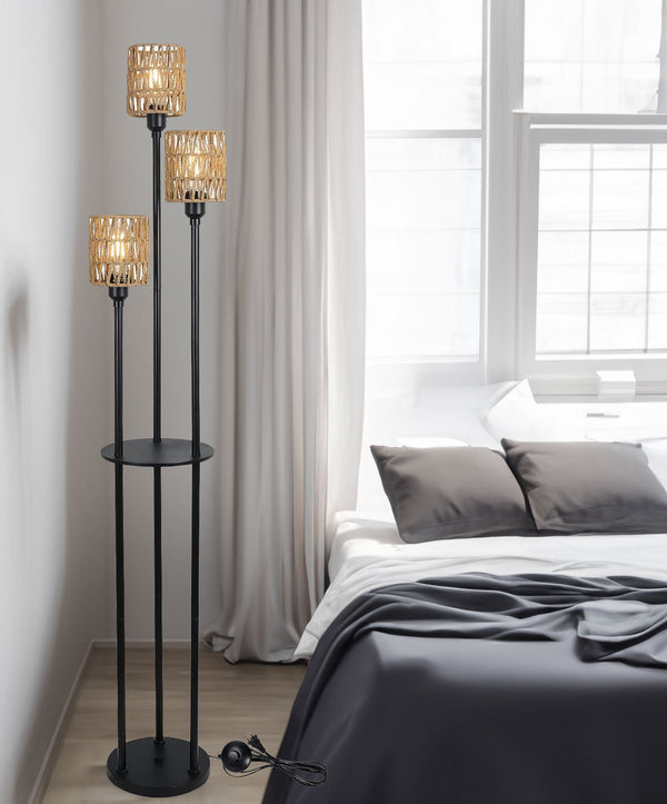 Boho Three-Light Rattan Shelf Floor Lamp