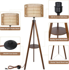 Boho Tripod Wood Rattan Shelf Floor Lamp