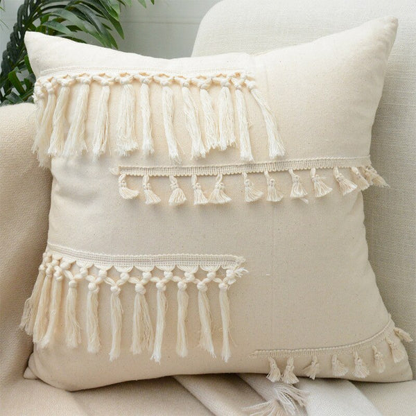 Beige White Tassel Boho Macrame Pillow Cover