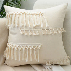 Beige White Tassel Boho Macrame Pillow Cover