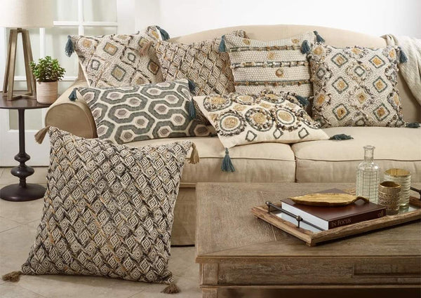 Fennco Styles Geometric Block Print Embroidered Cotton Decorative Throw Pillow - Multicolored Throw Pillow for Home, Couch, Living Room, Bedroom Décor