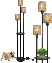 Boho Three-Light Rattan Shelf Floor Lamp
