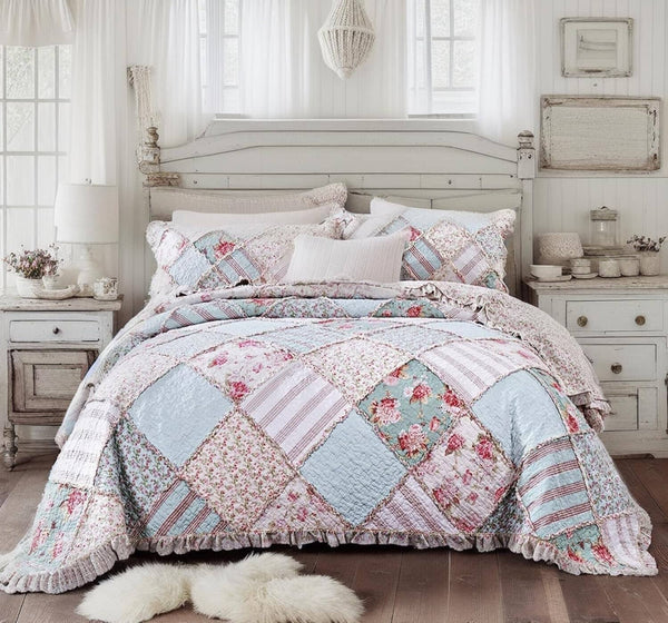 Mint Pastel Cotton Patchwork Quilt Set