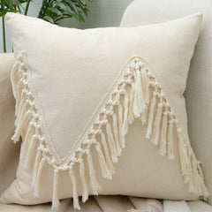 Beige White Tassel Boho Macrame Pillow Cover