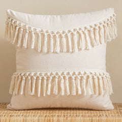 Beige White Tassel Boho Macrame Pillow Cover