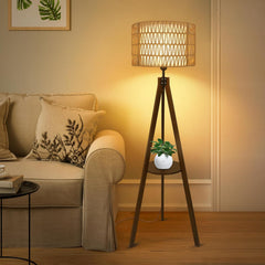 Boho Tripod Wood Rattan Shelf Floor Lamp