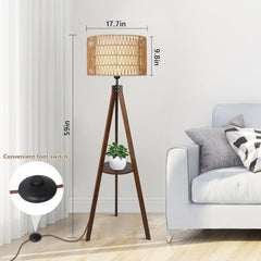 Boho Tripod Wood Rattan Shelf Floor Lamp