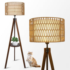 Boho Tripod Wood Rattan Shelf Floor Lamp