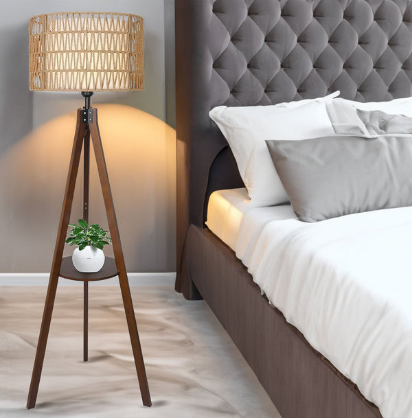 Boho Tripod Wood Rattan Shelf Floor Lamp