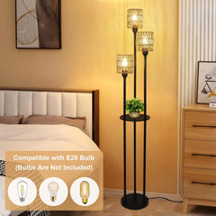 Boho Three-Light Rattan Shelf Floor Lamp