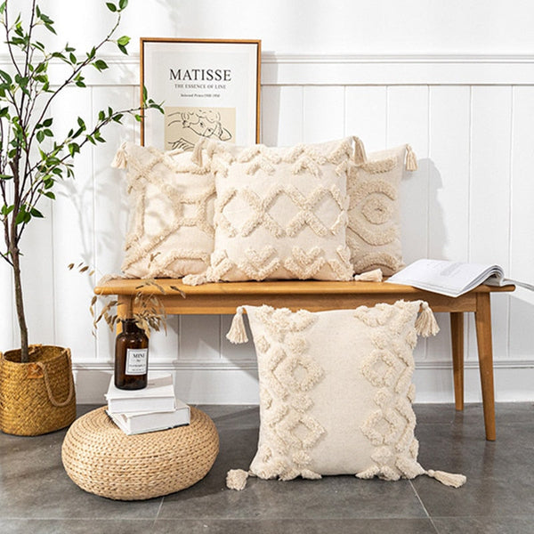 Beige White Tassel Boho Macrame Pillow Cover