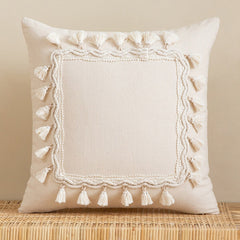 Beige White Tassel Boho Macrame Pillow Cover