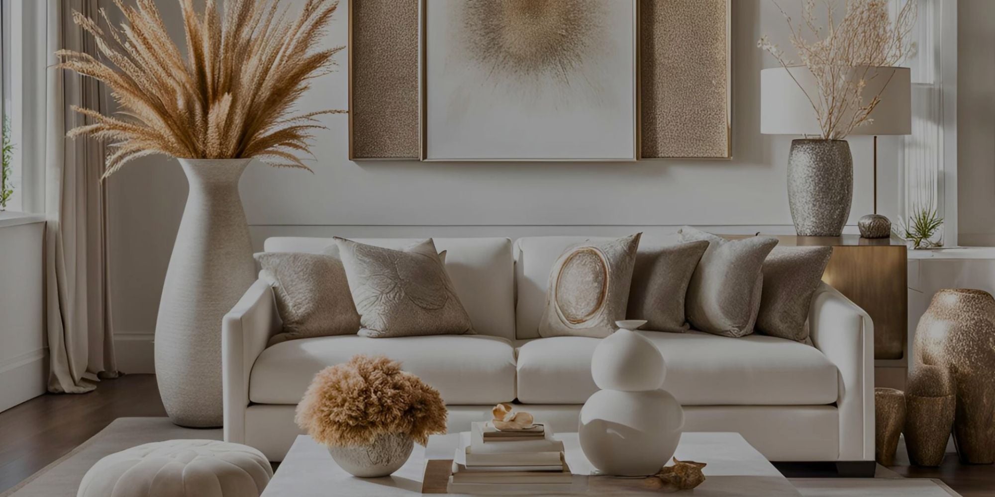 A styled living room featuring a cream-colored sofa with neutral-toned throw pillows, decorated with a large white vase of dried grass on the left and a matching lamp on the right, set against a warm beige wall with framed art.