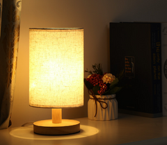 Linen LED Warm White Wooden Table Lamp