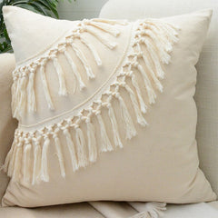 Beige White Tassel Boho Macrame Pillow Cover