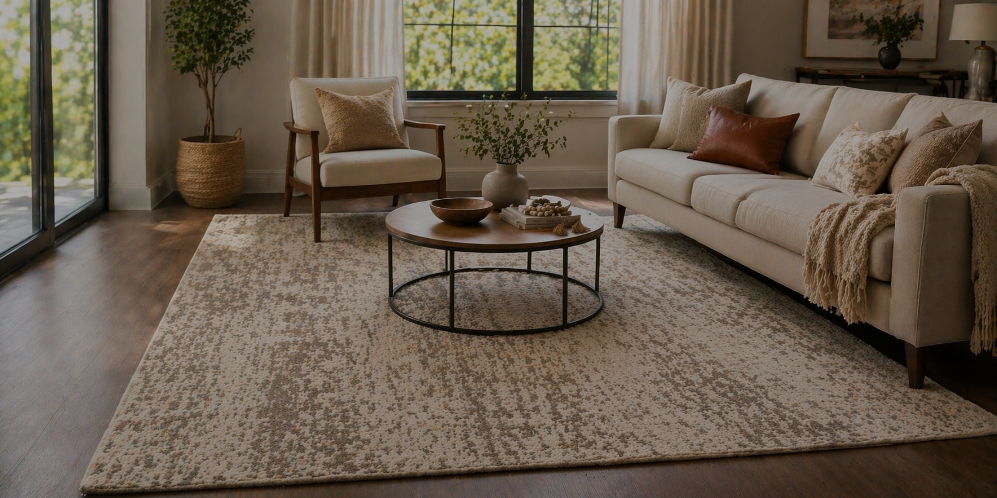 A large beige and brown distressed area rug styled in a modern living room with a cream sofa, wooden coffee table, and indoor plants.