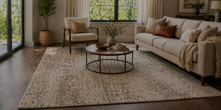 A large beige and brown distressed area rug styled in a modern living room with a cream sofa, wooden coffee table, and indoor plants.