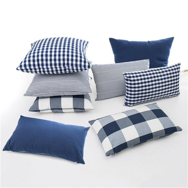Navy Blue Plaid Striped Polyester Cotton Pillow